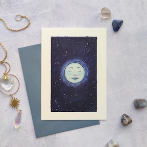 Wenskaart 'Luna' | kaart | gouache print | illustratie | handgemaakt | maan | met envelop | heelal | sterren