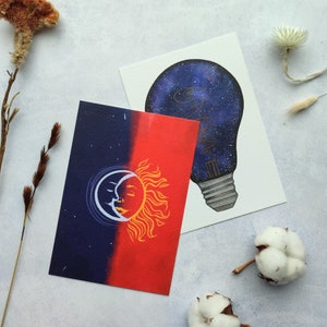 Wenskaartenset 'Sterren' | 2 wenskaarten | sterrenhemel | zon | print | illustratie | maan | cadeau | kaartenset | cadeau | verjaardagskaart
