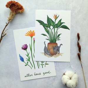 Wenskaartenset 'Plantjes' | 2 wenskaarten | katten | bloemetje | print | illustratie | alles komt goed | cadeau | kaartenset | beterschap