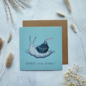Wenskaart 'Happy new home!'  | verhuiskaart | ansichtkaart | slak | verhuizen | housewarming | digitale illustratie | envelop | print