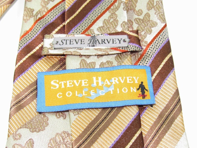 Mens Vintage Silk Neck Tie Brown Taupe Gold Floral Stripes by Steve Harvey Collection Necktie circa 2001