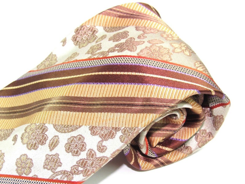 Mens Vintage Silk Neck Tie Brown Taupe Gold Floral Stripes by Steve Harvey Collection Necktie circa 2001