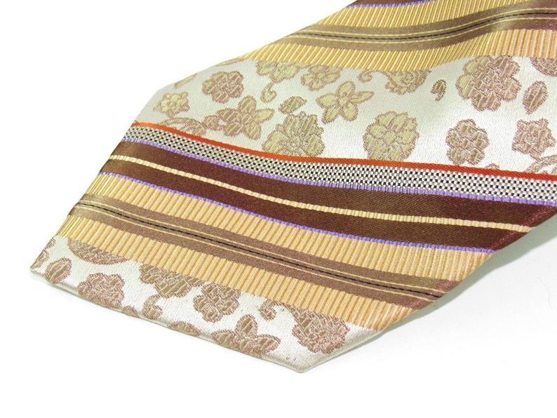 Mens Vintage Silk Neck Tie Brown Taupe Gold Floral Stripes by Steve Harvey Collection Necktie circa 2001