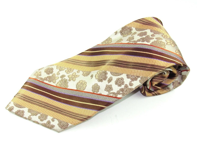 Mens Vintage Silk Neck Tie Brown Taupe Gold Floral Stripes by Steve Harvey Collection Necktie circa 2001