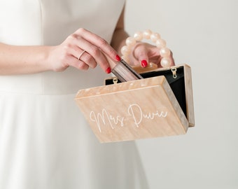 Personalized Acrylic Clutch | Pearl Box Clutch | Custom Mrs. Clutch | Bridal Clutch | Bridal Pearl Personalized Bag | Mrs. Clutch