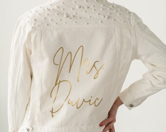 Personalized Mrs. Jacket | Pearl Personalized Bride Jacket | White Denim Jacket Mrs. | Pearl Mrs. Jacket Bachelorette Party Wedding Shower
