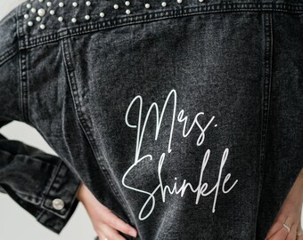 Black Personalized Mrs. Jacket | Black Pearl Bride Jacket | Mrs. Jacket Black Denim | Denim Jacket with Pearls Bachelorette Party |