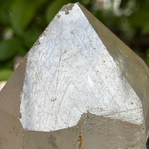 May include: A clear quartz crystal with a pointed apex. The crystal has a light, translucent appearance with internal lines and patterns. The surface has a slightly rough texture with some areas of orange-brown discolouration. The background is blurred green.