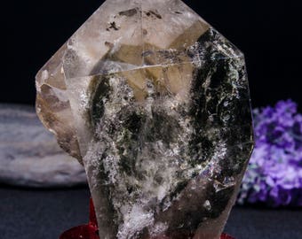 Natural Dark Green Phantom Quartz Tower/Included Garden Crystal Point/Scenic Quartz/Multi-inclusion Crystal/Gift for her#3610