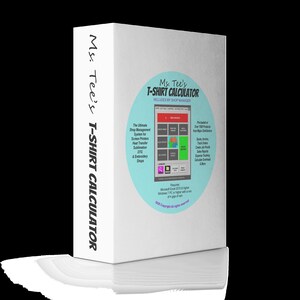 May include: A white box with a blue circle on the front. The circle contains a screenshot of a computer program called "Ms. Tee's T-Shirt Calculator." The text on the box reads "Ms. Tee's T-Shirt Calculator" and "Includes My Shop Manager."