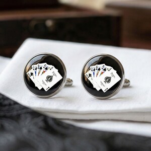 Poker Playing Cards Cufflinks Royal Flush Casino Gift Groomsmen Wedding Silver Tone Brass Las Vegas Card Player Men