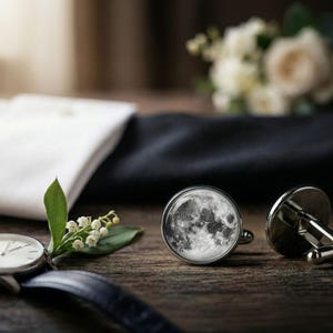 May include: A pair of silver cufflinks with a detailed moon design, next to a silver wristwatch with a black leather band. A white dress shirt and a dark navy blue fabric are in the background, with a bouquet of white flowers.
