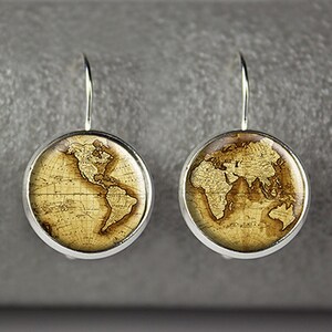 Antique World Map Earrings: Silver Plated Globe Dangle Earrings