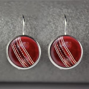 Cricket Ball Dangle Earrings: Silver Plated Sports Jewelry