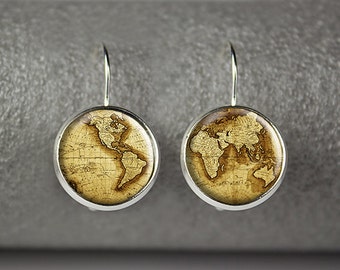 World Map earrings, Antique World Map earrings, Vintage Globe earrings