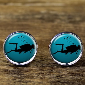 Scuba Diver Cufflinks: Silver Plated Brass Diving Jewelry