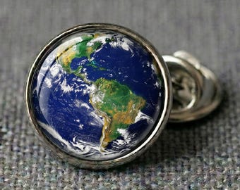 Planet Earth Lapel Pin for Men - Space Astronomy Gift - World Map Suit Tie Tack - Silver Brass Globe Pin for Him