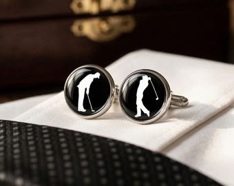 Golf Player Cufflinks Golfer Swing Wedding Groomsmen Gift Men Silver
