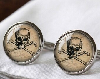 Skull Crossbones Cufflinks Jolly Roger Pirate Map Gift Men Silver