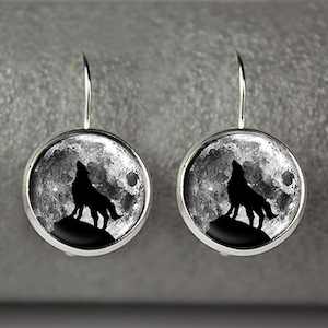 Silver Plated Wolf Earrings: Moon Silhouette Dangle Jewelry