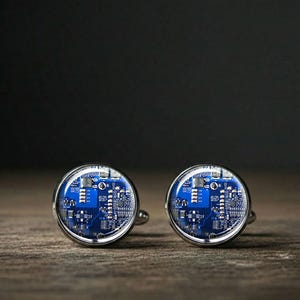 Blue Circuit Board Photo Cufflinks Computer Engineer Gift Tech Geek Wedding Groomsmen Silver IT Programming Mens Accessories PCB