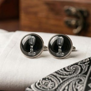 Vintage Microphone Cufflinks Singer Podcaster Gift Radio Host Groomsmen Wedding Silver Retro Broadcast Mens Accessories Vocalist Gift