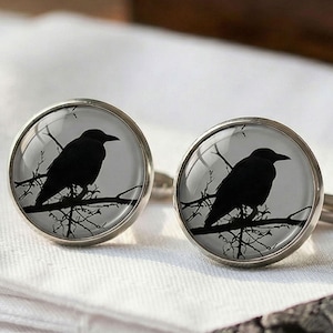 Raven Cufflinks Crow Gothic Bird Groomsmen Wedding Gift for Him Silver