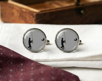 Fly Fisherman Wading Cufflinks for Men Catch Fish Silhouette Gift Angler Silver River Fishing Jewelry Groomsmen Wedding Mens Accessories