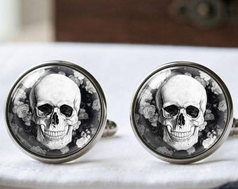 Skull and Roses Cufflinks Sugar Skull Gothic Day of the Dead Silver