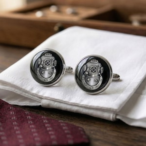 Diving Helmet Cufflinks Nautical Wedding Gift for Him Groom Deep Sea Silver Brass Scuba Diver Groomsmen Ocean Themed Men