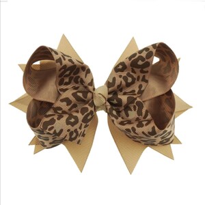 5&quot; Tan Leopard Animal Print Hair Bows, Girls Hair Bows, Boutique Hair Bows, Stacked Hair Bow, Brown Tan Hair Bow, Double Layered Ribbon Bows