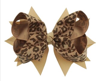 5" Tan Leopard Animal Print Hair Bows, Girls Hair Bows, Boutique Hair Bows, Stacked Hair Bow, Brown Tan Hair Bow, Double Layered Ribbon Bows