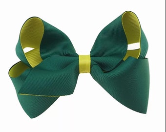 Hunter Green and Yellow Hair Bow, Girls 5" Grosgrain Hair Bow, Hunter Green Hair Bow, Green and Yellow Hair Bow, Girls and Toddler Hair Bows