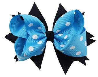 5" Turquoise and Black Dotted Hair BowBow, Minnie Mickey Inspired Hair Bow, Blue Black Hair Bow, Black and Blue Hair Bows Dot Hair Bows