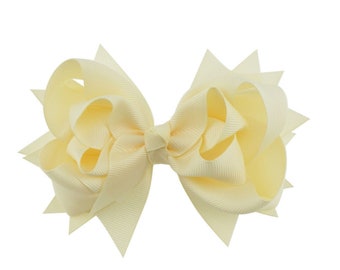 Ivory Hair Bow, Girls 5 1/2" Hair Bow, off White Wedding Special Occasion Bow, Girls Hair Bows, Antique White Grosgrain Bow, Rhinestone Bow