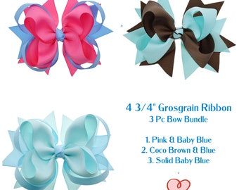 Girls Hair Bows, 3 Piece Hair Bow Bundle 4 3/4" Hair Bows, Toddler Hair Bows, Pink & Blue Hair Bows, Blue and Brow Bows, Pale Blue Hair Bow