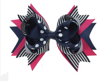 5" Navy Blue and Hot Pink Hair Bow, Girls Hair Bows, Hot Pink and Blue Hair Bows, Boutique Hair Bows, Stacked Hair Bow, Toddler Hair Bow