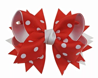 Red and White Dot Print, 5" Hair Bows, Girls Hair Bows, Boutique Hair Bows, Stacked Hair Bow, Toddler Hair Bow, Double Layered Ribbon Bows