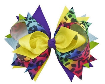 Rainbow Hair Bow, 5 1/2" Hair Bow, Rainbow Animal Print Stacked Bow, Barrettes & Clips, Boutique Hair Bows, Boutique Stacked Hair Bows