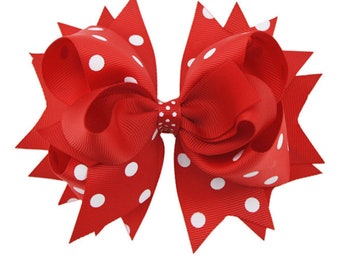 Red and White Hair Bow, 5.5" Hair Bows, Red and White Polka Dot Hair Bow, Girls Hair Bow, Red Hair Bow, Stacked Hair Bow, Boutique Hair Bows