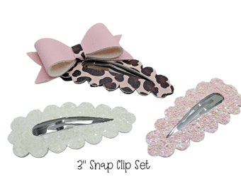 3 Piece Snap Clip Set Ladies and Girls,  Animal Print Snap Clip 3 Piece Set, Hair Clips,  Leopard Print White and Pink Glitter Snap Clip Set