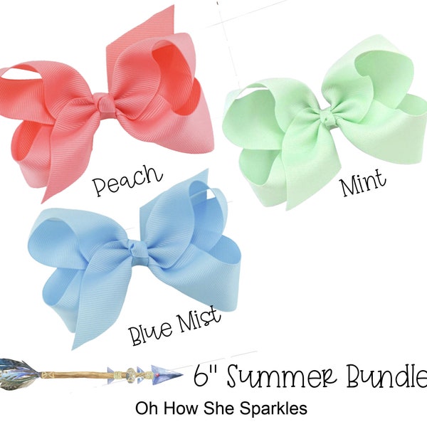 Girls Peach 6" Hair Bow, Girls Mint 6" Hair Bow, Girls 6" Blue Hair Bows, 6" Grosgrain Ribbon Hair Bows, 3 Piece Hair Bow Bundle