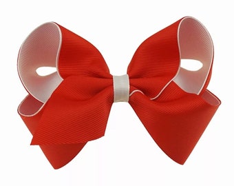 Red and White Hair Bow, Girls 5" Grosgrain Hair Bow, Red Hair Bow, White Red Hair Bow, Girls and Toddler Hair Bows