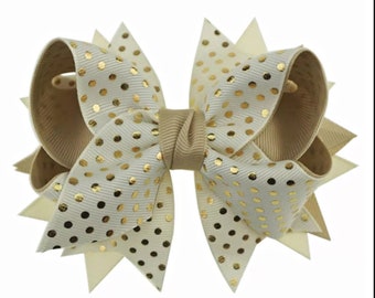 5" Tan Gold Dot Hair Bows, Girls Hair Bows, Boutique Hair Bows, Stacked Hair Bow, Toddler Hair Bow, Double Layered Ribbon Bows