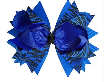 5 1/2" Black & Blue Zebra Print Hair Bow, Black Blue Animal Print Girls Hair Bows, Toddlers Hair Bows, Black Blue Animal Print  Hair Bows ,