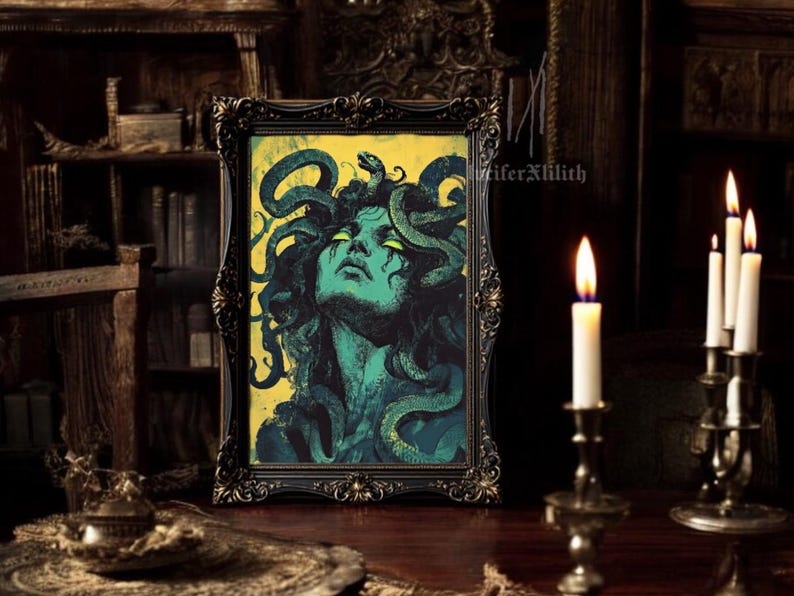 May include: A framed illustration of Medusa, a mythical Greek figure with snakes for hair, against a yellow background. The illustration is in a dark wood frame with ornate details.