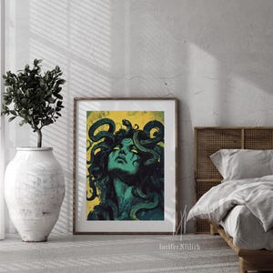 May include: A digital art print of a woman with snakes in her hair. The woman has green eyes and a green face. The background is yellow.