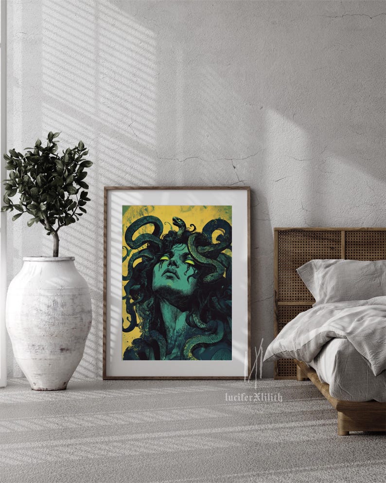 May include: A digital art print of a woman with snakes in her hair. The woman has green eyes and a green face. The background is yellow.