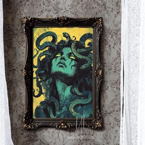 May include: A framed print depicting a woman with snakes for hair. The woman has green skin and her eyes are glowing green. The background is yellow with a grunge texture. The print is framed in a dark brown ornate frame.