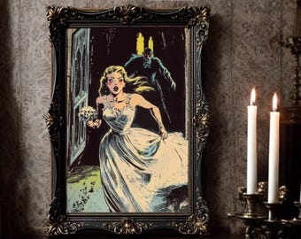 May include: A framed illustration of a woman in a white wedding dress running away from a shadowy figure in a dark hallway. The woman is holding a bouquet of flowers and has a scared expression on her face. The illustration is in a dark, gothic style.